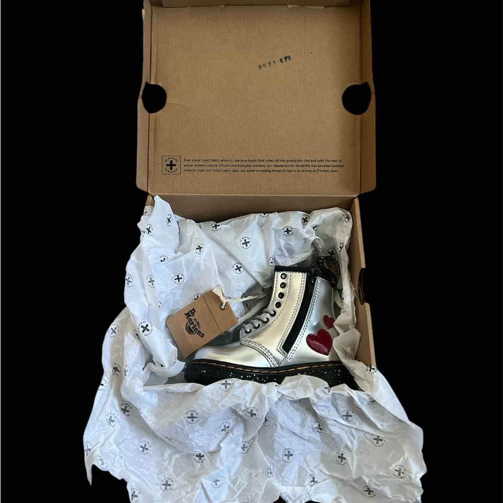 Size 7 - Dr. Martens Toddler Girl 1460 Lace Up Fashion Boot‎ Silver/Red/Glitter